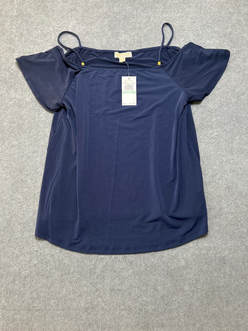Michael Kors Womens Large Cold Shoulder Blouse Navy Blue Flutter Sleeve NWT